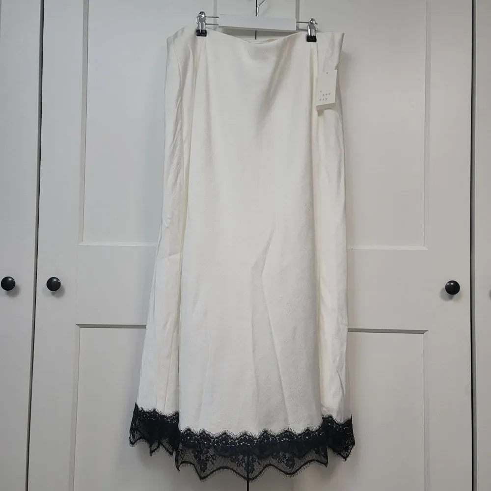 New Day Lace Trim Satin Midi Slip Skirt Cream White Black Lace Size XXL